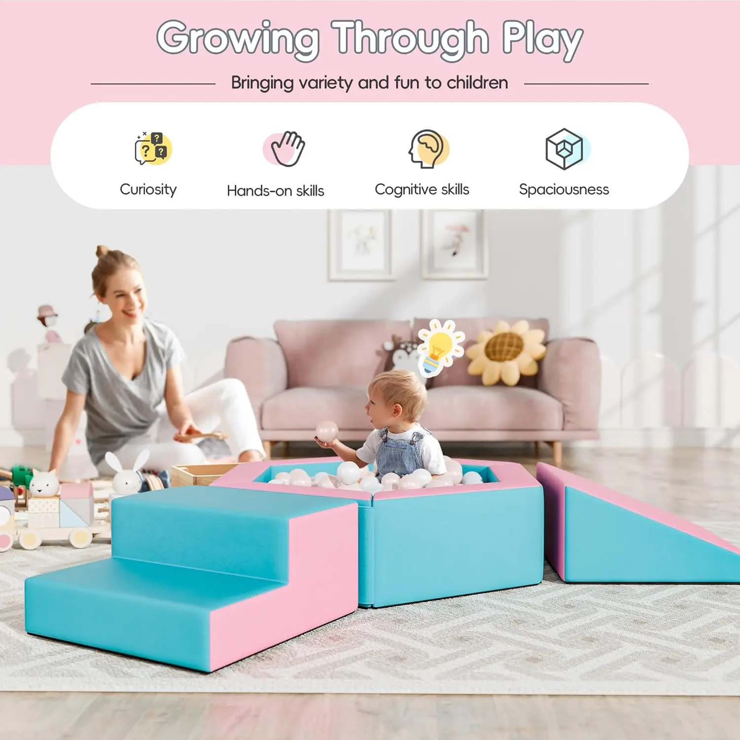 Foam Climbing Blocks for Girls Toddlers,Pink Soft Play Set Ball Pit,Climb & Crawl Foam Playset for Kids, Toddler Climber Indoor