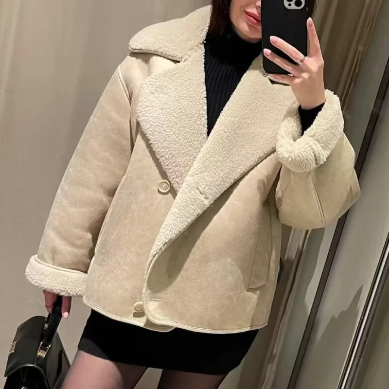HKSH 2025 Autumn Winter New Women Warm Coat Turn-down Collar Single Breasted Fur-Lined Elegant High Street Thick Jackets HK15797