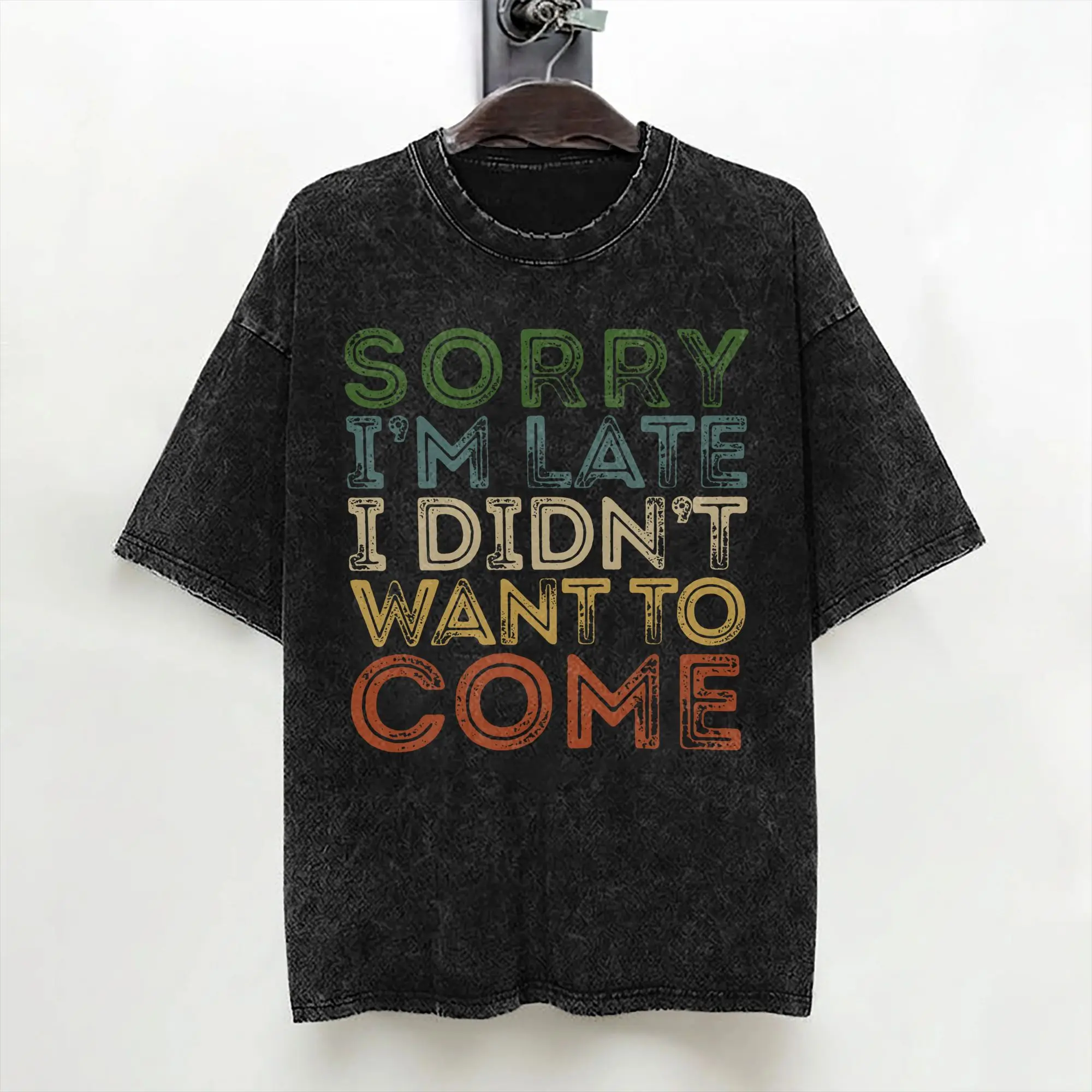 Washed T Shirt SORRY I'M LATE VINTAGE Funny Introvert Hip Hop T-Shirt Harajuku Streetwear Short Sleeve Summer Tops Tee Shirt Men