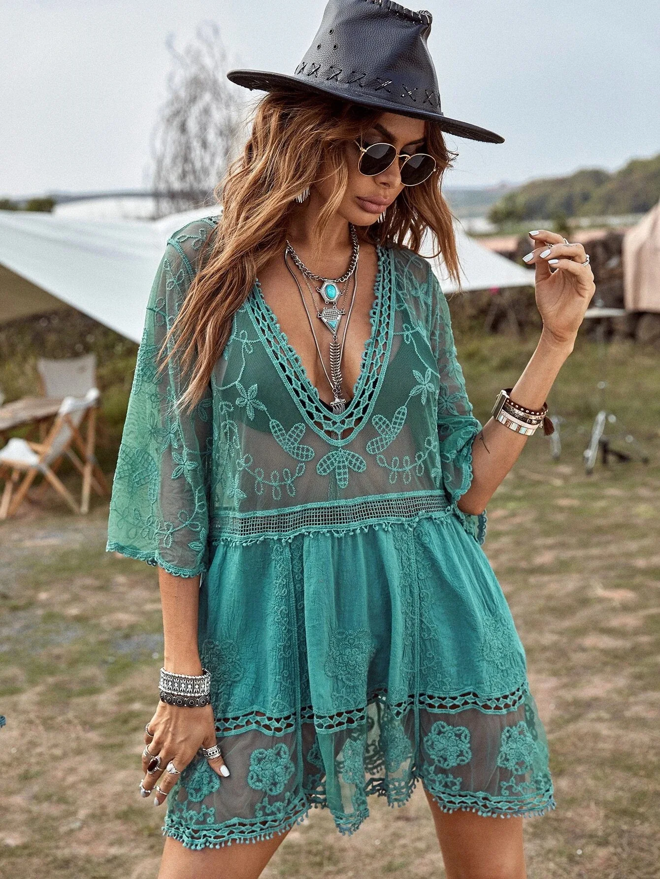 European And American Exclusive New V-Neck Lace Embroidered Sexy Bikini Beach Cover-Up Women's Sun Protection Clothing