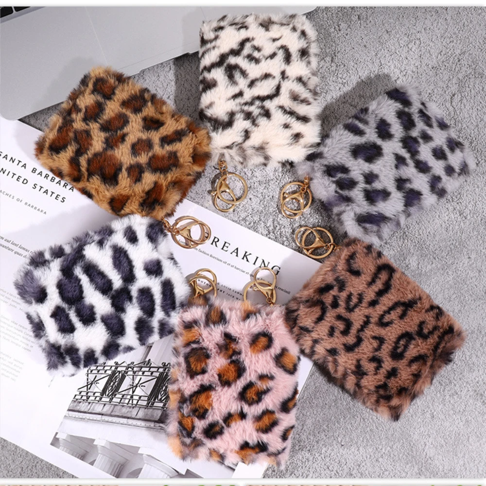 Kreatywna pluszowa portmonetka Fashion Leopard Pattern Wallet Women Zipper Keychain Clutch Purse Coin Pouch Card Bag Id Card Holder