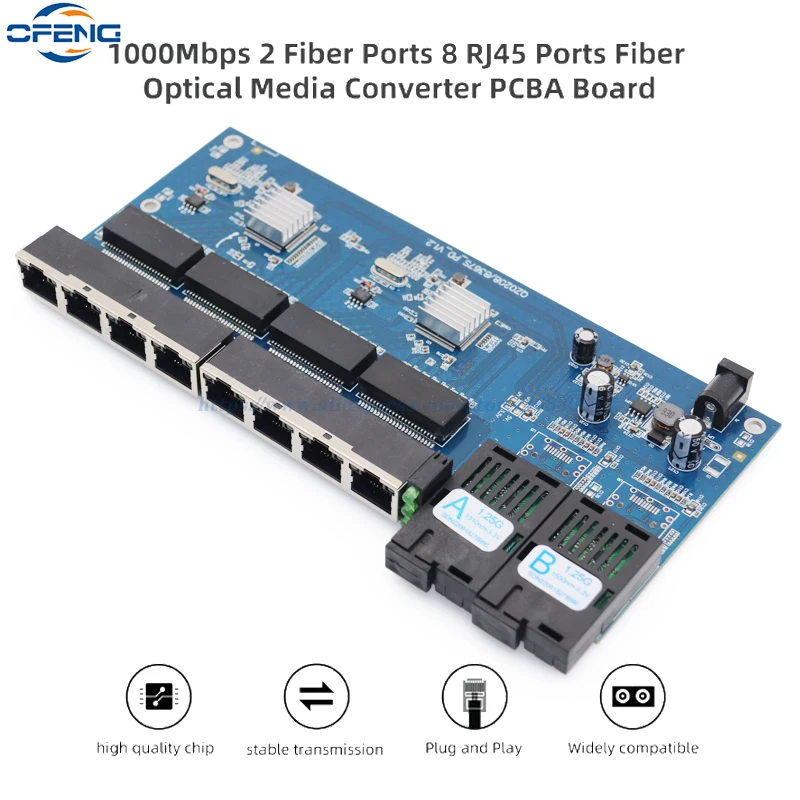 PCBA 기가비트 광섬유 컨버터 보드, 이더넷 스위치, 광학 미디어 컨버터, SM, 8 * RJ45, 2 SC, 10 m, 100 m, 1000M DIY