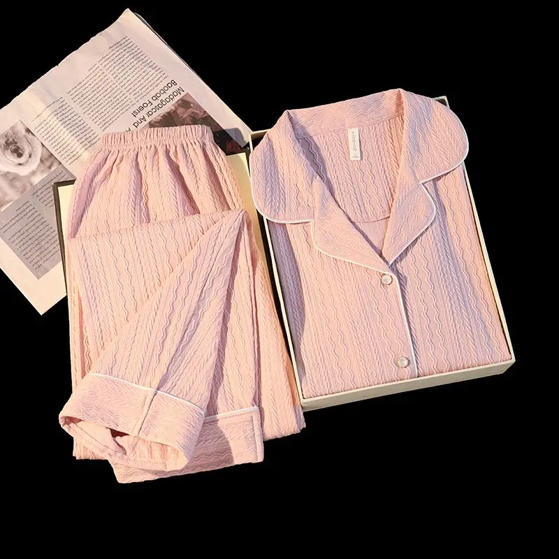 Women's Korean Style Pajamas Set Cotton-Like Jacquard Solid Sweet Home Sweater Simple Design Spring/Autumn Ins-Inspired