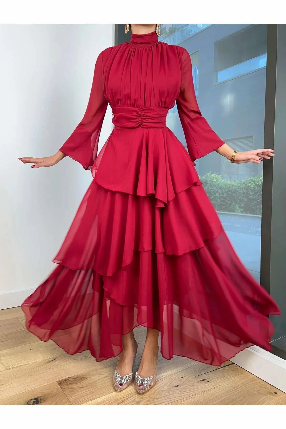 Msikoods Red Prom Dresses Chiffon High Neck Formal  Customized Layered Skirt Ruched Modern Evening Dress Women Bride Party Gown