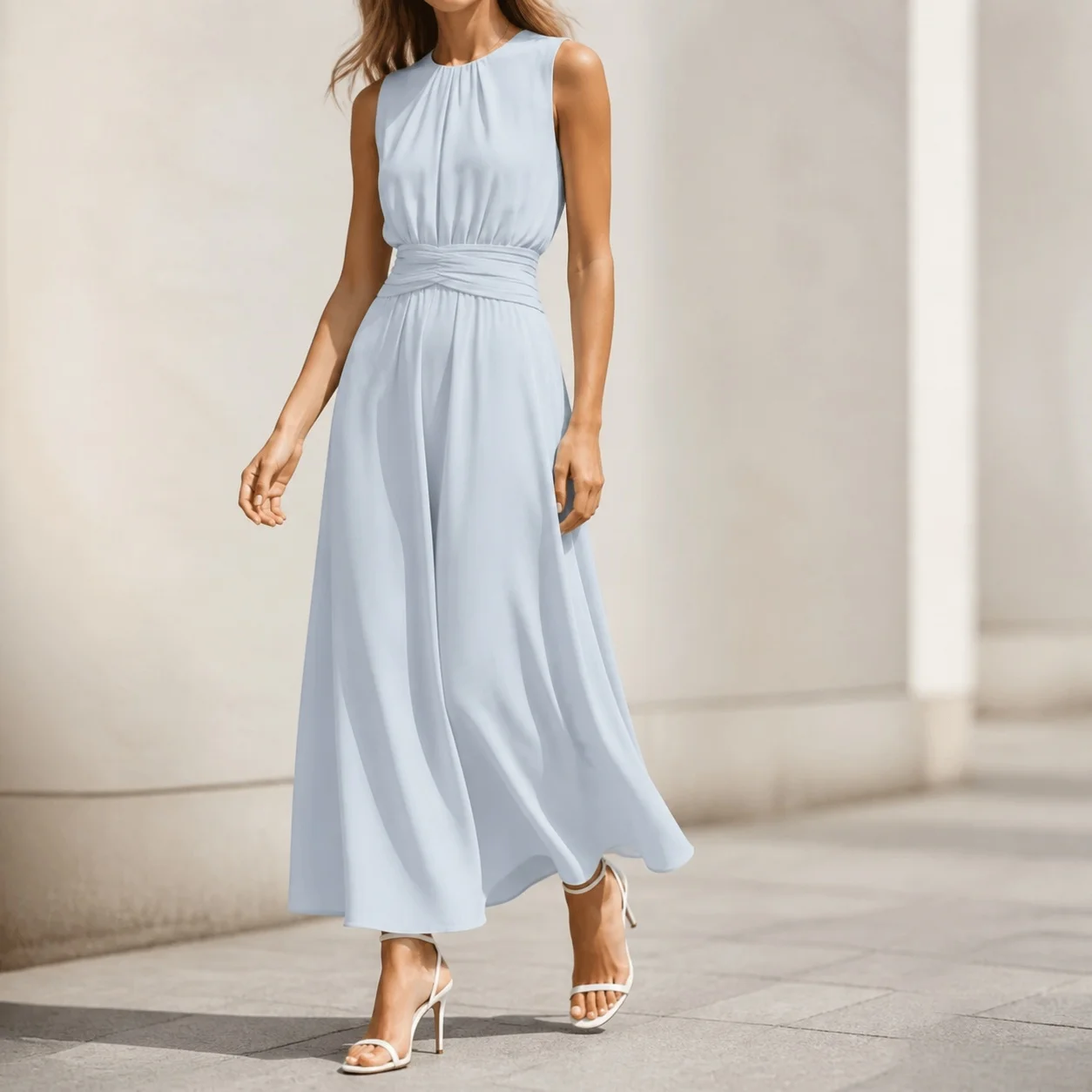 Elegant Women's Sleeveless Round Neck Waist Cinched Solid Color Knit Loose Fit Midi Dress for Evening Party Summer Women's