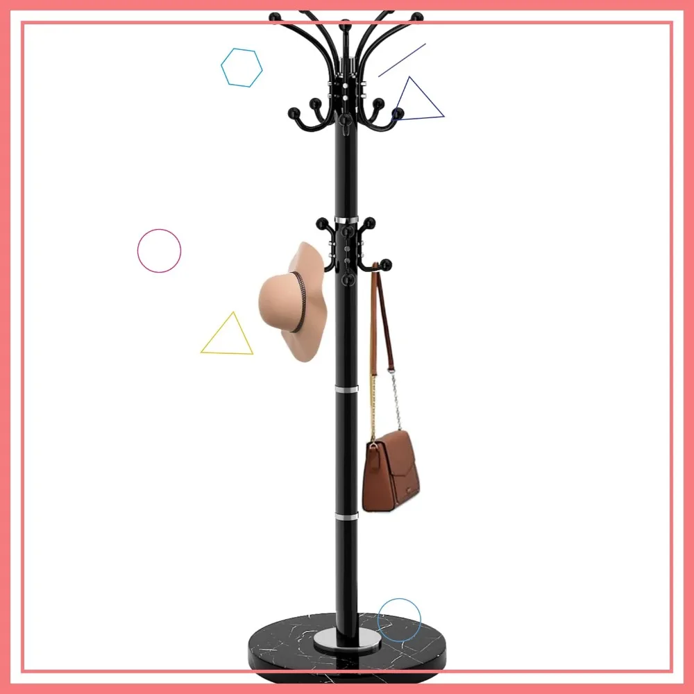 

Modern Metal Coat Rack with Marble Base, 360° Rotary Design and 16 Hooks for Entryway in Black