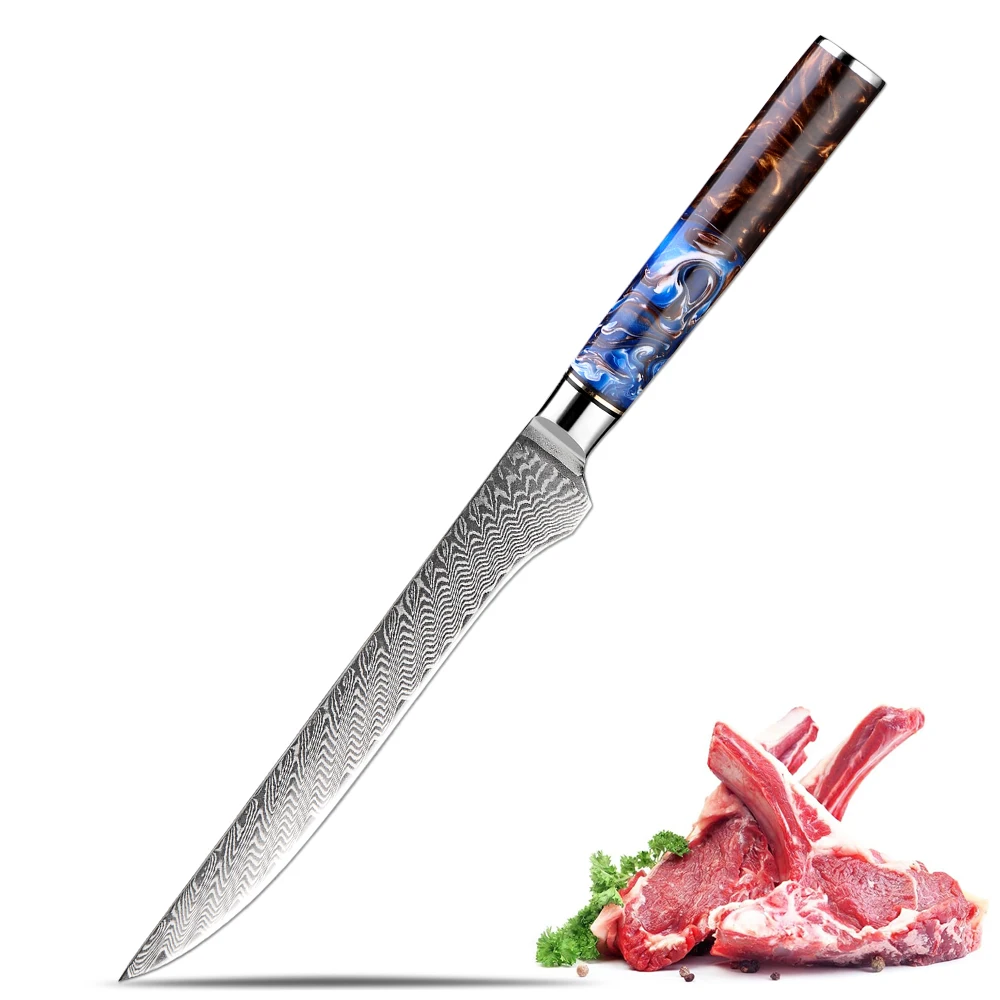 Damascus Steel 5.5 Inch Boning Knife Sharp Kitchen Knife Full Tang Fillet Knife Sea Blue Resin Handle Versatile Deboning Knife