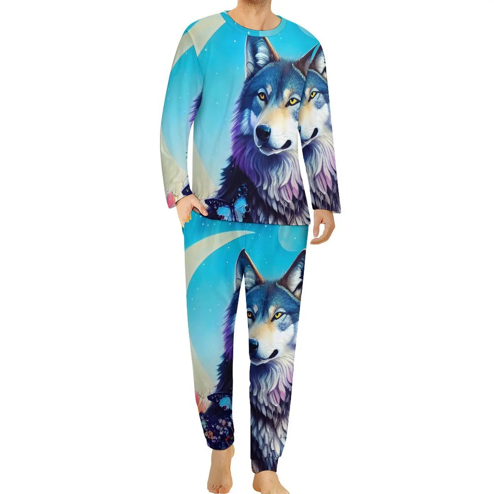 Wolf in Blooming Tree Pajamas Daily Flower Print Casual Nightwear Man Two Piece Custom Long-Sleeve Kawaii Oversized Pajama Sets