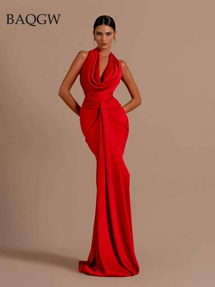 

Sexy Swinging Collar Backless Pleated Long Dress Women Red Stain Sleeveless Draped Design Maxi Dress Celebrity Party Club Runway