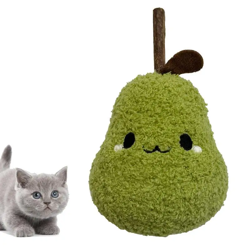 Cat Chew Toys For Aggressive Chewers Cute Pear Design Wood Cat Chew Toy Stick Human-Pet Interactive Plush Teether Bite-Resistant