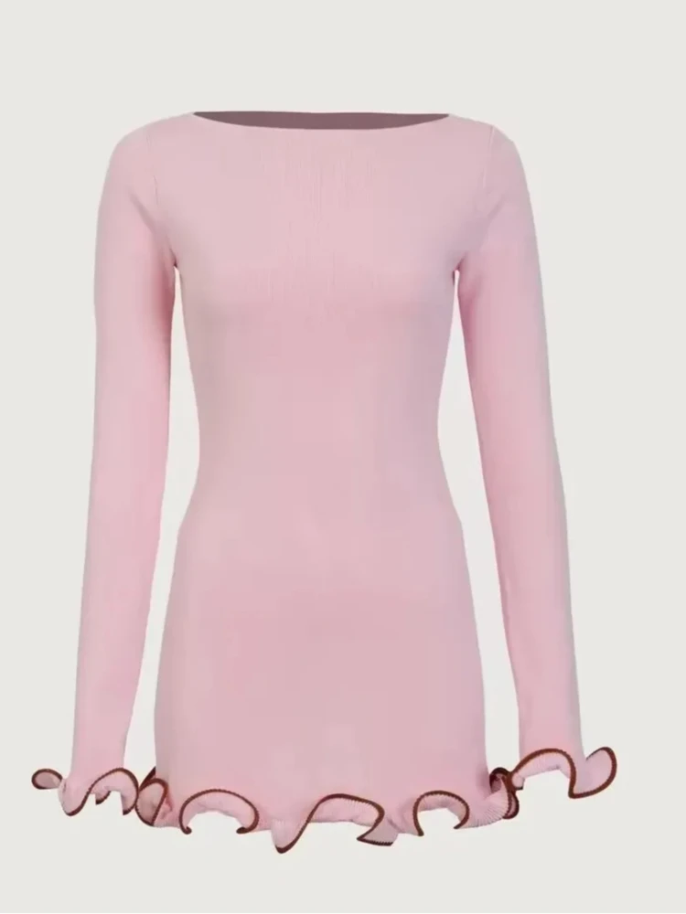 Sukienka w stylu retro z lat 2000, amerykańska moda, okrągły dekolt, dopasowana, codzienna, z długim rękawem, w stylu spicy girl, prosta, z falbankami, wyszczuplająca, elegancka, mini, krótka spódniczka.