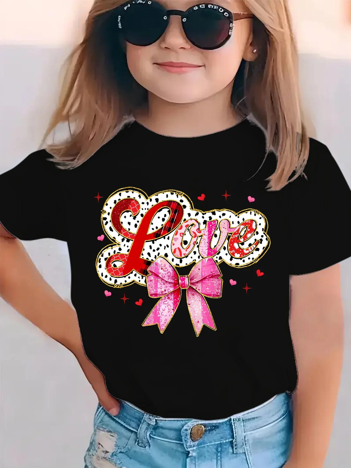 Kids Love Print T Shirt Pink Bow Plaid Dalmatian Spot Letter Heart Graphic Short Sleeve Little Girls Casual Wear Top