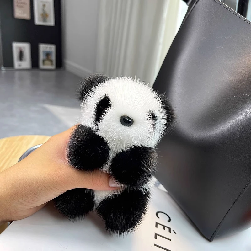 LLavero de coche de oso Panda de peluche pequeño para mujer, adornos de bolso, piel de visón de imitación, lindo llavero de coche, regalo de moda