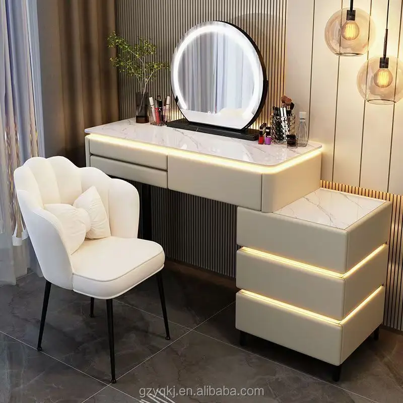 Modern LED-Lighted Wood Panel Vanity Dressing Table with Side Lights Mirror New Bedroom Furniture for Home Hotel Bathroom Use