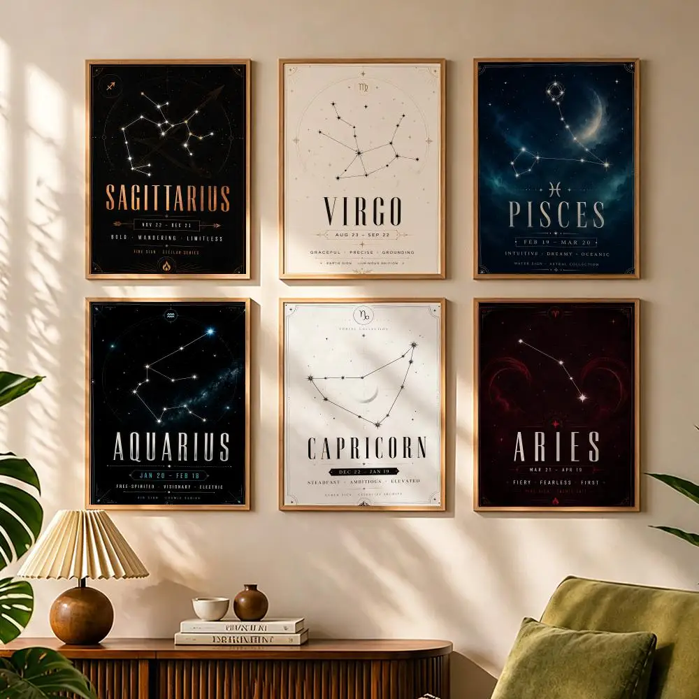 Cosmic Zodiac Painting Calligraphy Minimalist Canvas Wall Art, Waterproof Fade-proof Gallery Decor For Living Room