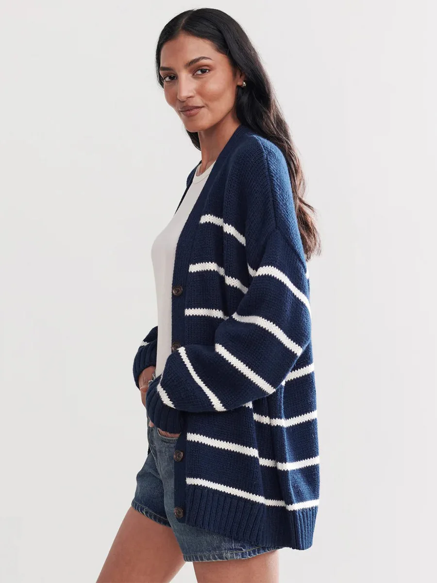 Otoño Invierno nuevo cárdigan de punto a rayas abrigo mujer cuello en V manga larga algodón grueso cálido suéter suelto mujer Casual Tops