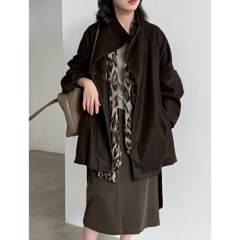 Johnature Stand Collar Lace-Up PU Leather Jacket For Women New Autumn Retro Fashion Trench Coats