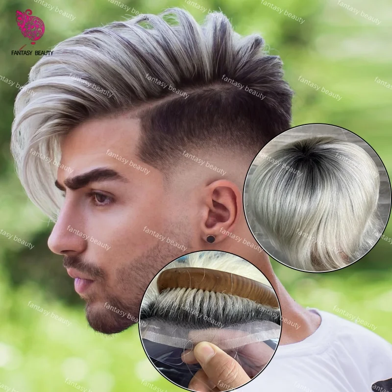 

Мужские парики, плотность 130%, v-образная петля, дышащий невидимый, полный кружевной мужской парик 1B/T60, белые волосы, черные корни, капиллярный протез для волос