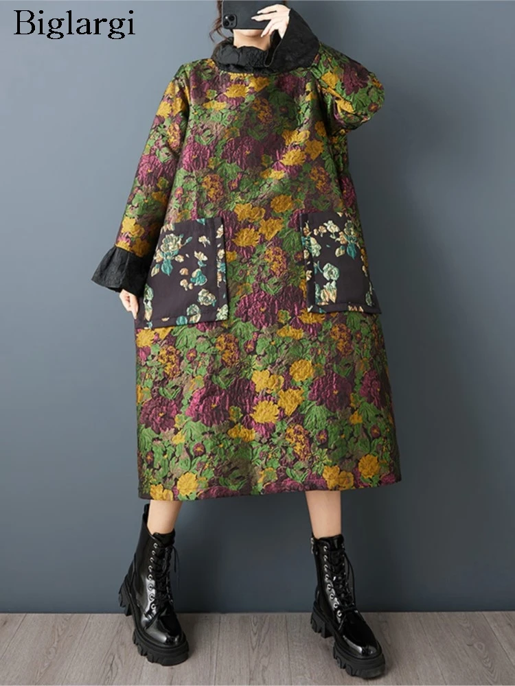 特大春ドレス女性花刺繍ファッション中国風レディースドレスルーズ A ライン女性長袖ドレス