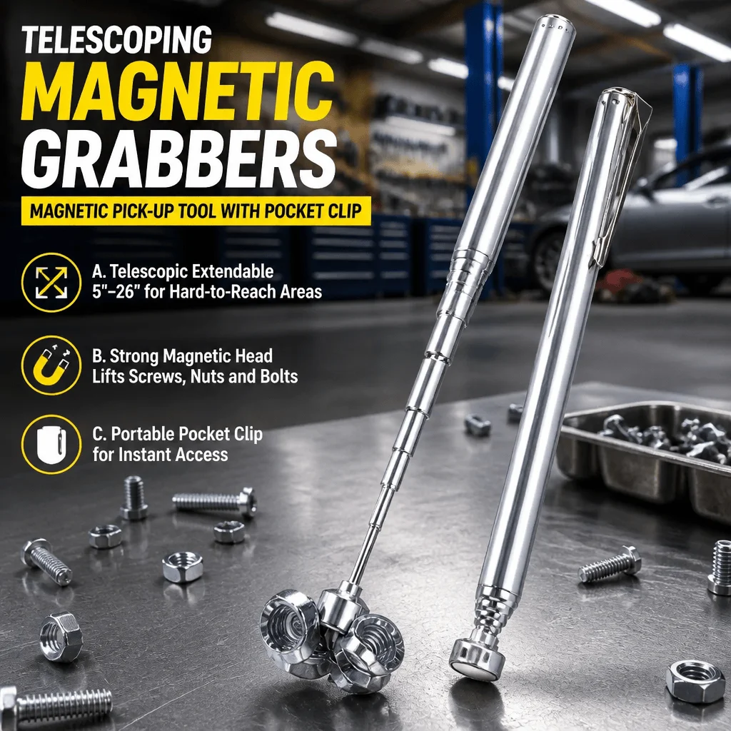 Magnetic Pickup Tool Telescoping Extendable Magnet Pen Screw Retrieval Stick Mechanic Workshop Portable Pocket Clip Grabber