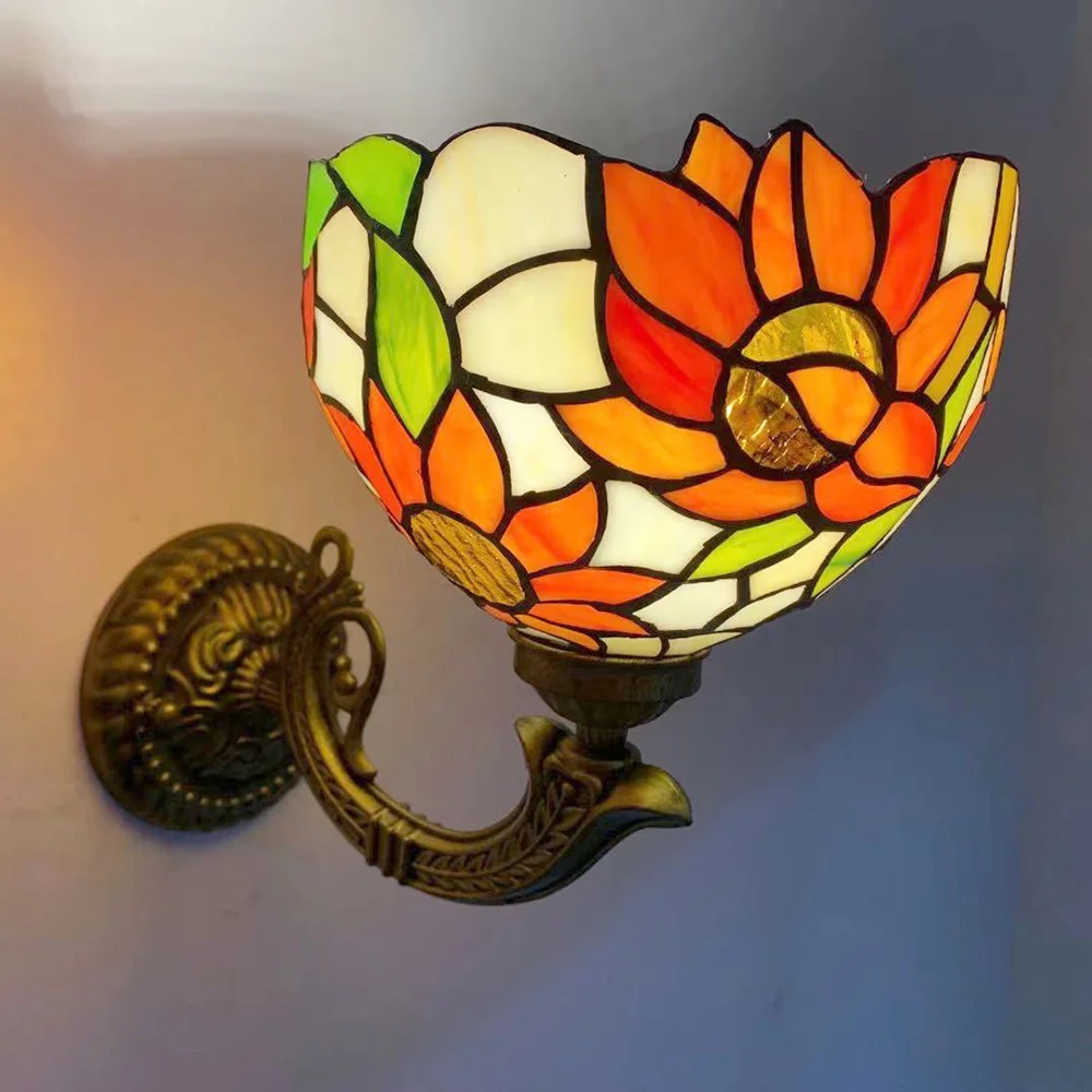 8Inch Sunflower Stained Glass Wall Light Vintage  Wall Mount Lamp Bedroom Sconces Home Table Lamp
