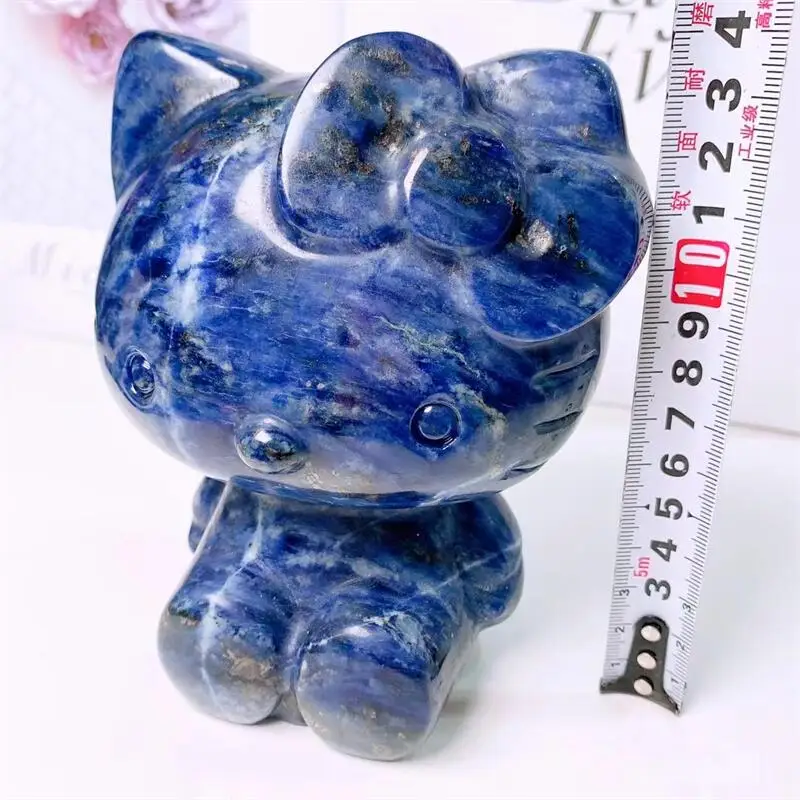 Natural Blue Sodalite Cartoon KT Cat Cute Animal Crystal Carving Healthy Children Toy Healing Home Decoration Ornaments Gift 1pc