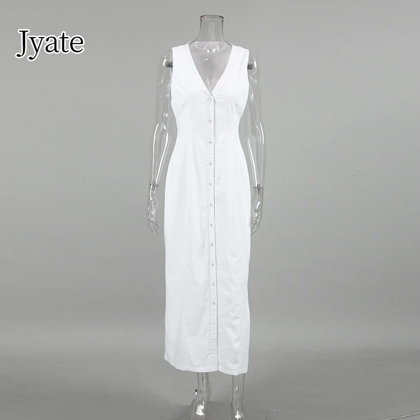 Jyate-Vestido largo sin mangas de lino y algodón blanco para mujer, Vestido largo sin mangas con botones y cuello en V, Vestido liso elegante para vacaciones 2024