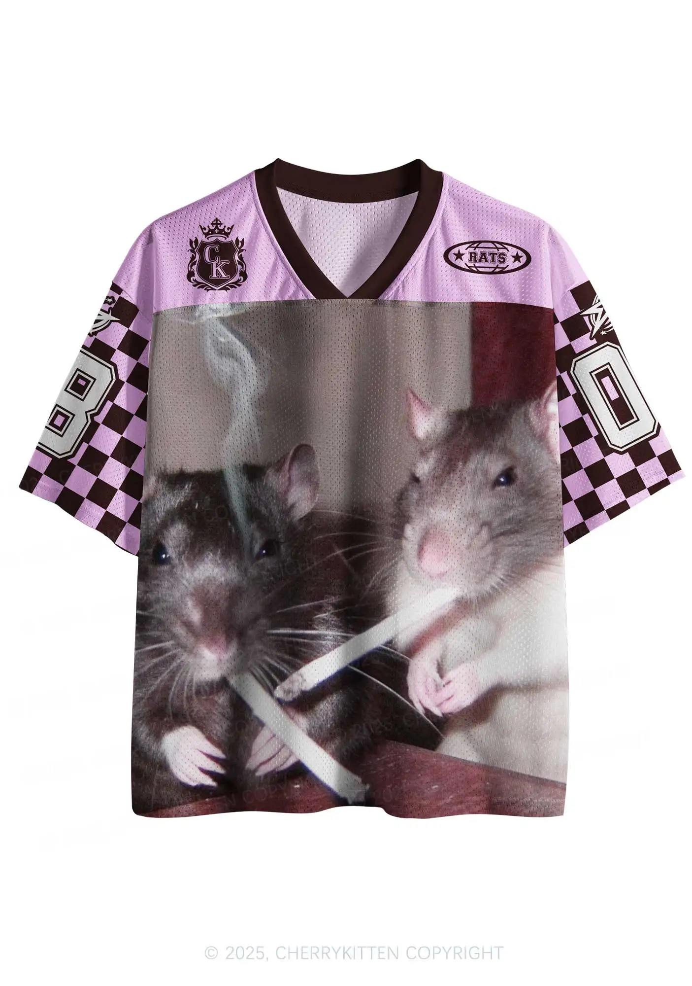 Camiseta Familiar a Juego con Estampado Y2K de Ratas, Malla a Cuadros Rosa y Marrón, Estilo Fútbol Americano, Estética Urbana, Top Casual para Hombres, Mujeres y Niños