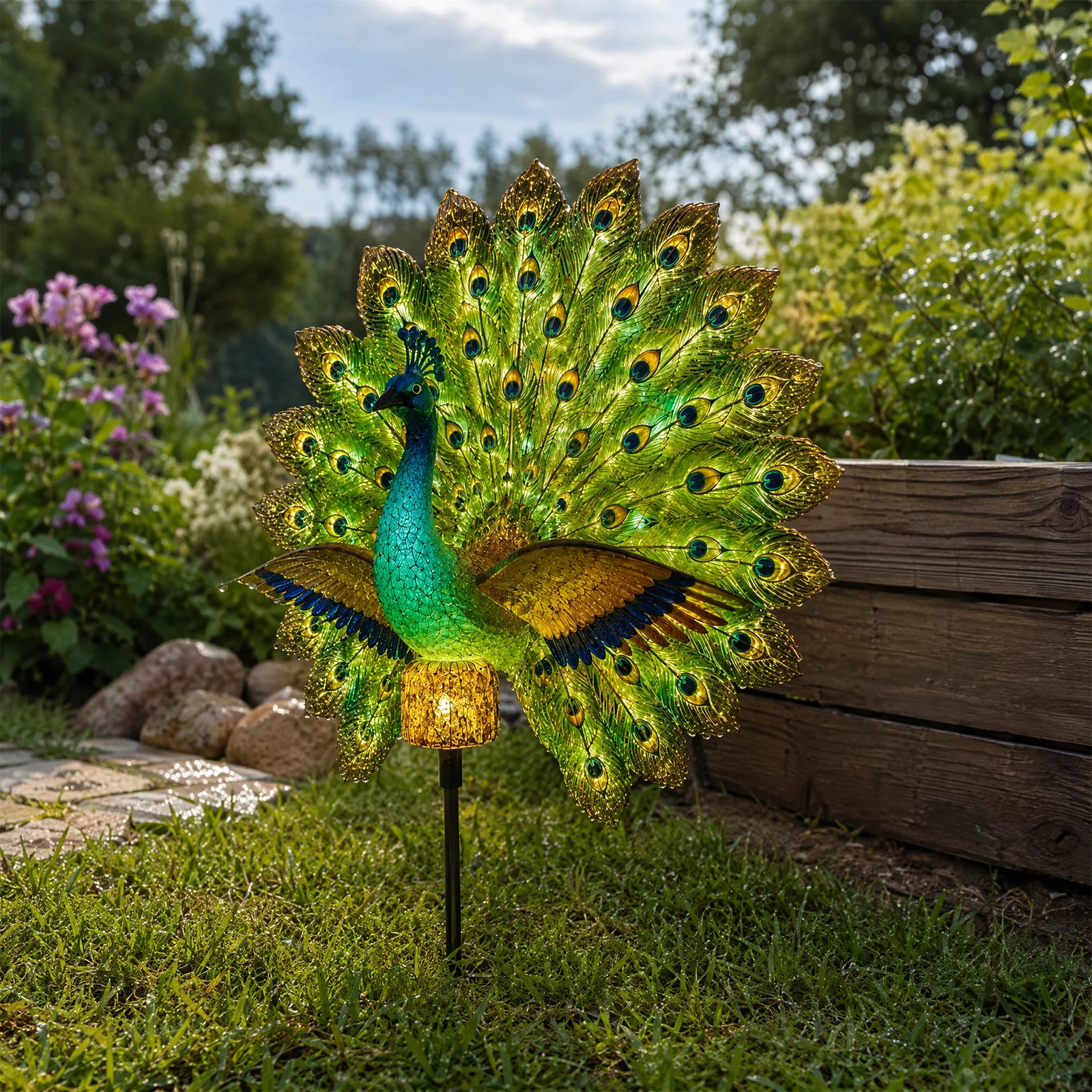 Solar Peacock Garden Stake Light Outdoor Resin Animal Figurine Yard Lawn Decorative Sculpture Pathway Art Decor Gift