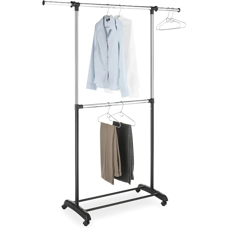

Adjustable 2-Rod Garment Rack - Rolling Clothes Organizer - Black and Chrome