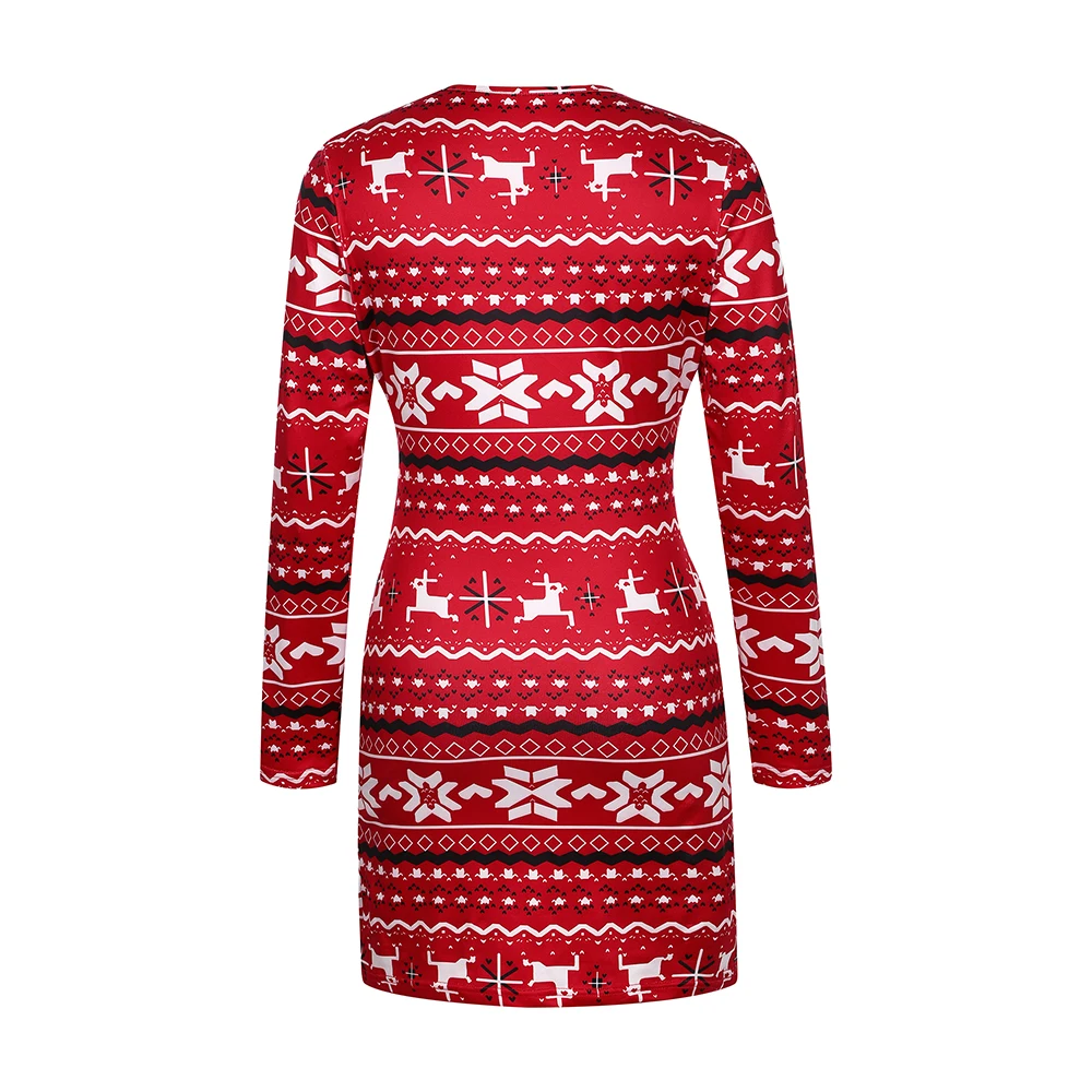 Women\'s Christmas Bodycon Dress Slim Fit Snowflake Printed Round Neck Long Sleeve Hip Wrap Dress New Year Winter Party Clothes