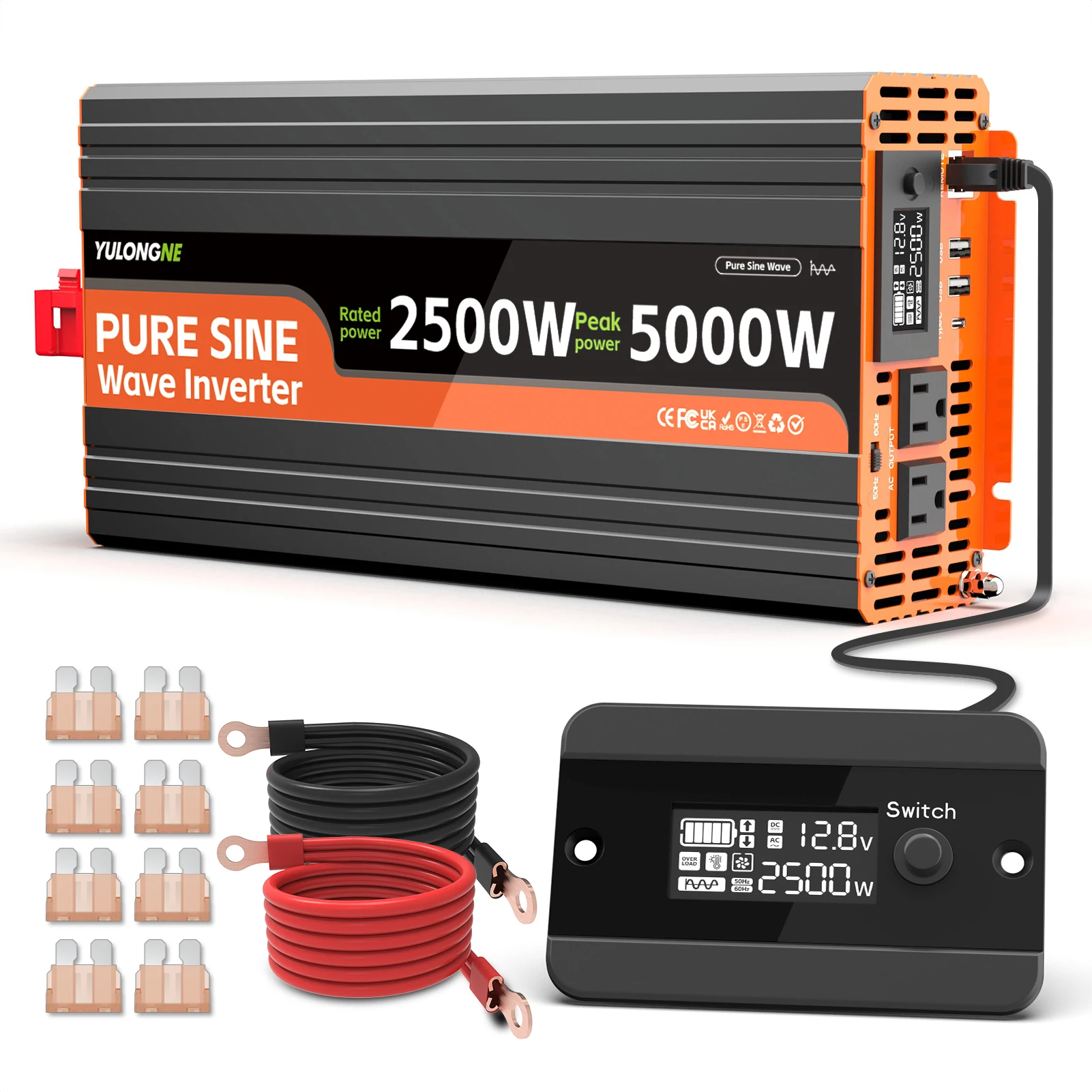 YULONGNE 2500W Pure Sine Wave Power Conversion Inverter, Peak 5000W 12V to 110V AC Inverter with Wired Remote Controller, Clear LCD Digital Display, USB‑C Fast Charge for RV, Truck, Solar System and Home Power‑Failure Backup