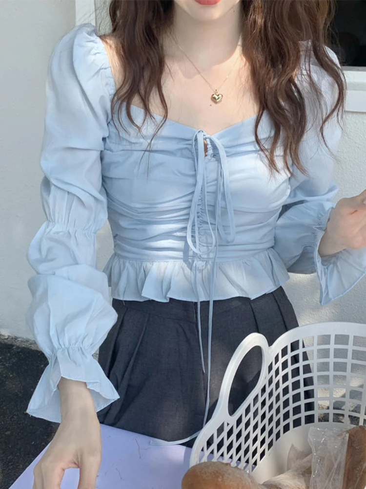 Blouses Women Sweet Solid Folds Thin Square Collar Flare Sleeve Slim Students Casual Summer Korean Style Popular Tender Tops Fit