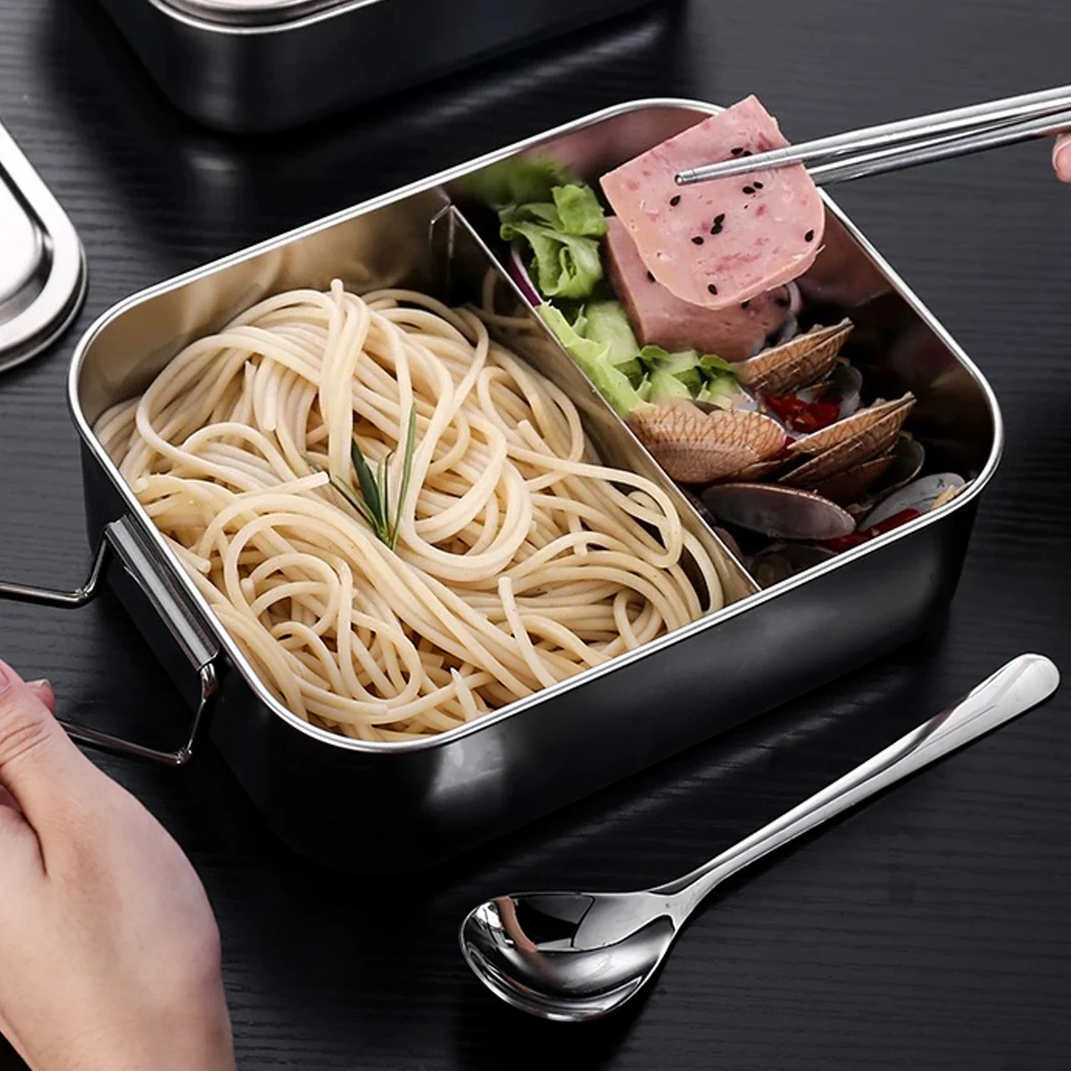 

304 Stainless Steel Lunch Box Food Containers Reusable Square Adult Snack Meal Prep Two Grids Corrosion Resistant Heat Resistant