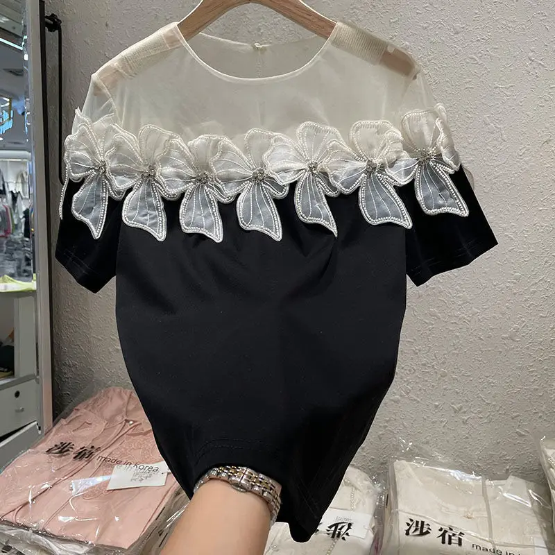 Stylish Floral Applique Pullovers Female Clothing Chic Diamonds Korean Gauze Patchwork Round Neck Summer Short Sleeve T-shirt