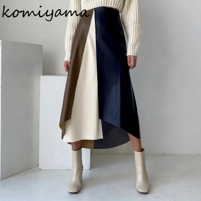 

Komiyama Hit Color Patchwork PU Leather Skirt High Waist Faux Leather Skirts Womens Spring Jupe Femme Elegant Fashion Faldas