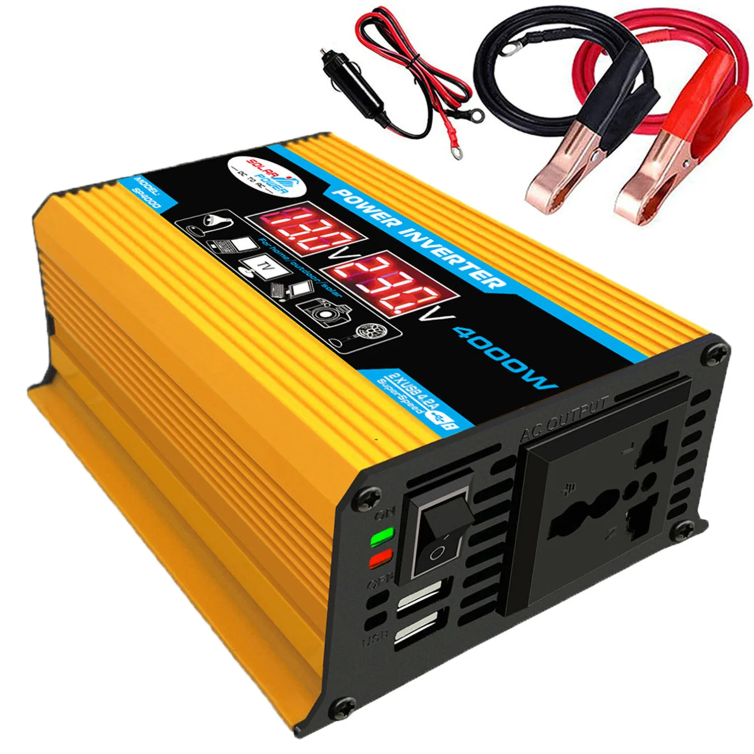 4000W Car Inverter 2 USB Output Ports Modified Sine-wave Converter with LED Display 12V to 110V/220V 300W Rated Power ABS