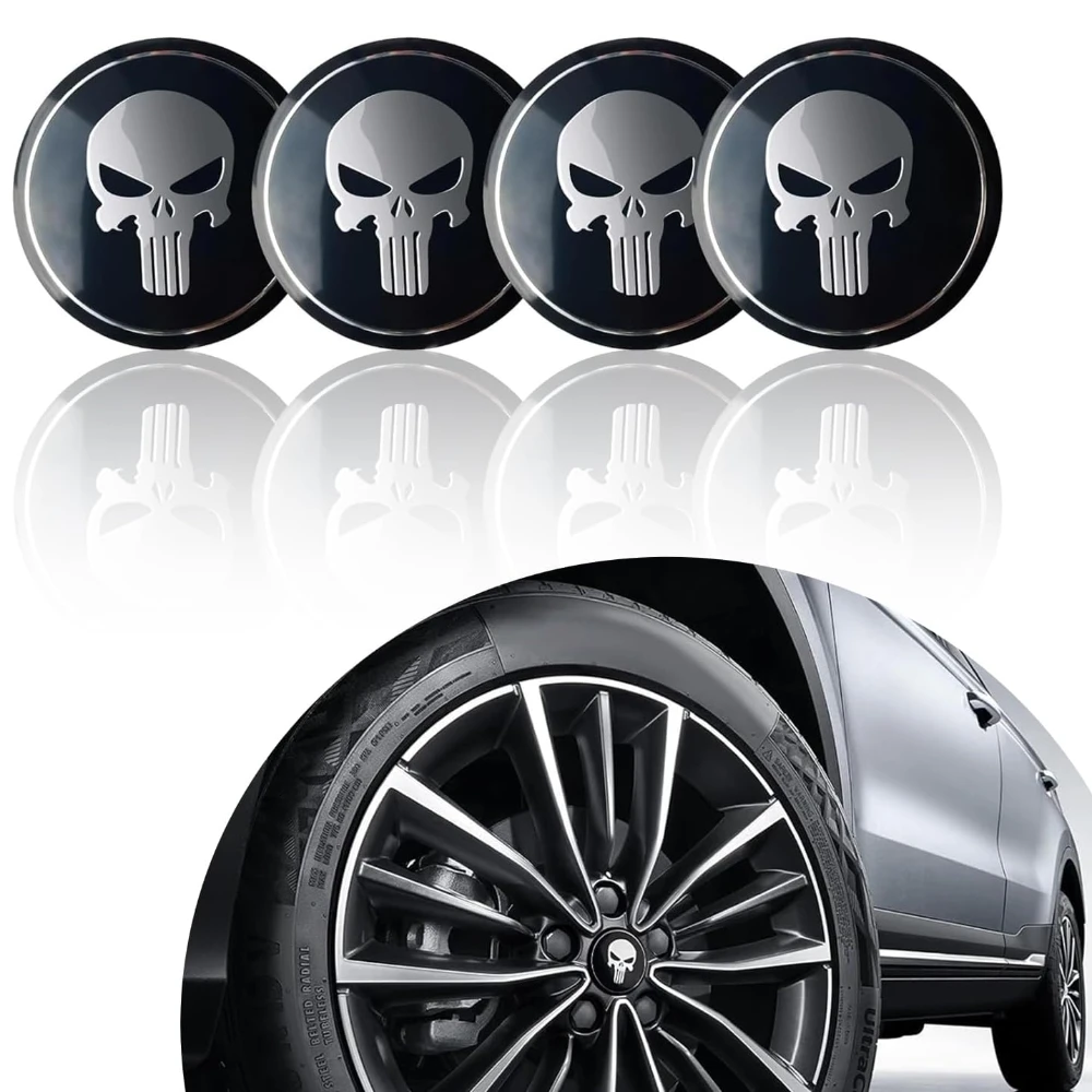 

4 PCS Car Wheel Hub Center Cap Sticker 2.2" Personalized Skull Metal Sun Protection and Anti-Fading Decoration Wheel Badge