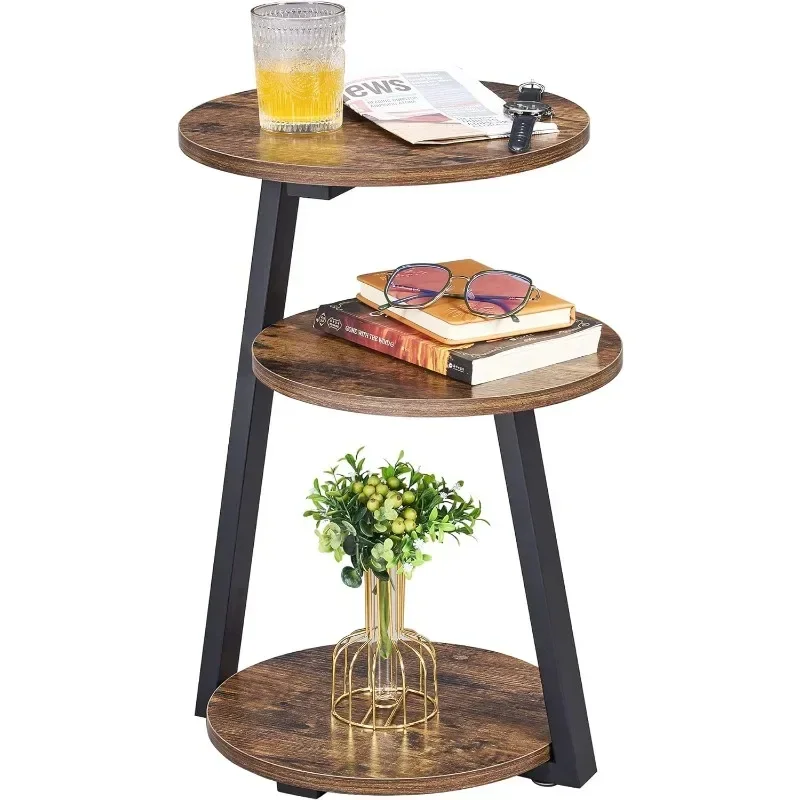 Round End Table Side Table with Metal Frame and 3-Tier Shelves for Living Room Bedroom Couch Small Coffee Table Rustic Brown