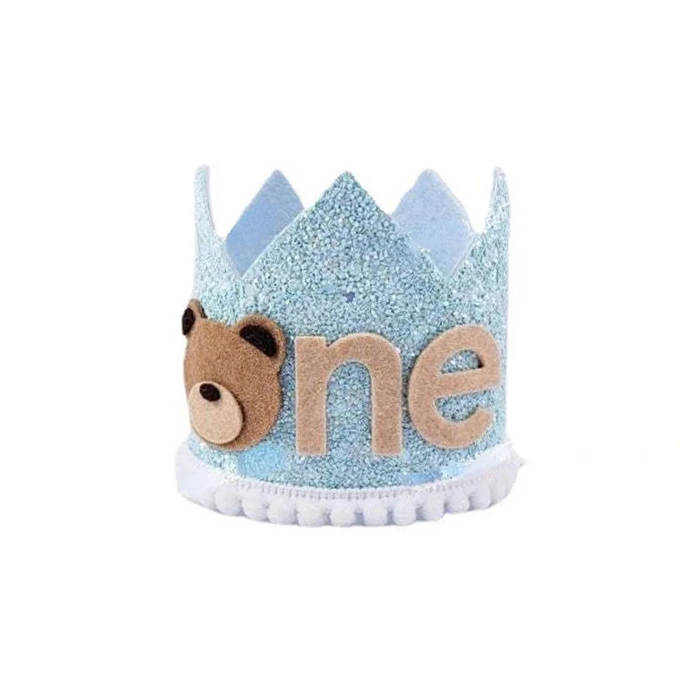 Teddy Bear One Year Felt Crown Birthday Party Hats Cartoon Animal Little Bear Hat Kids Boys Happy 1st Birthday Party Decorations