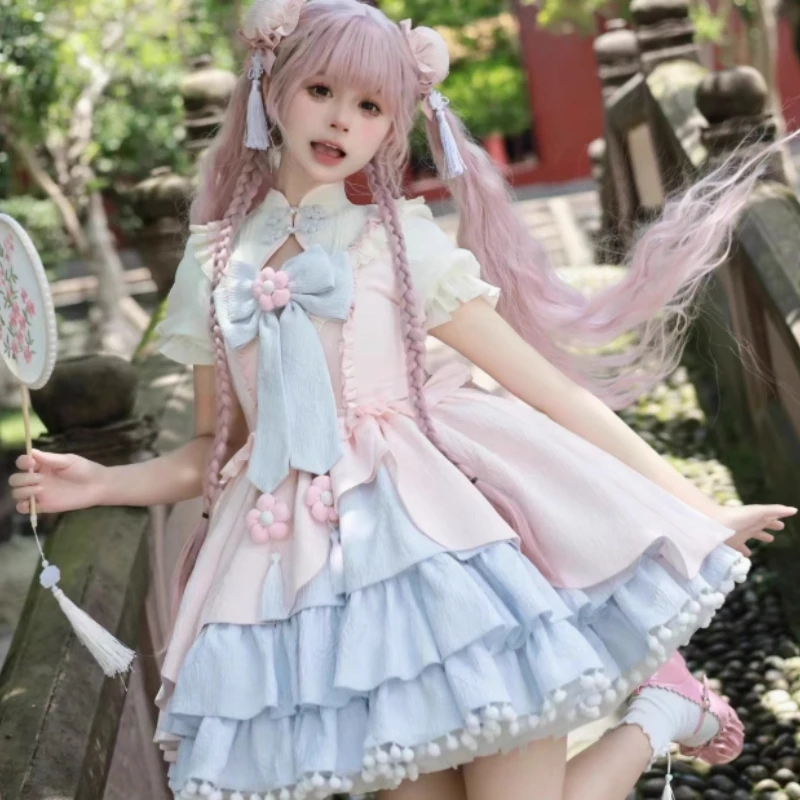 النمط الصيني لوري لو الوردي فستان بأكمام قصيرة المرأة اليابانية الحلو لطيف القوس كشكش حافة Kawaii فستان قصير الفتيات Y2k فساتين #5