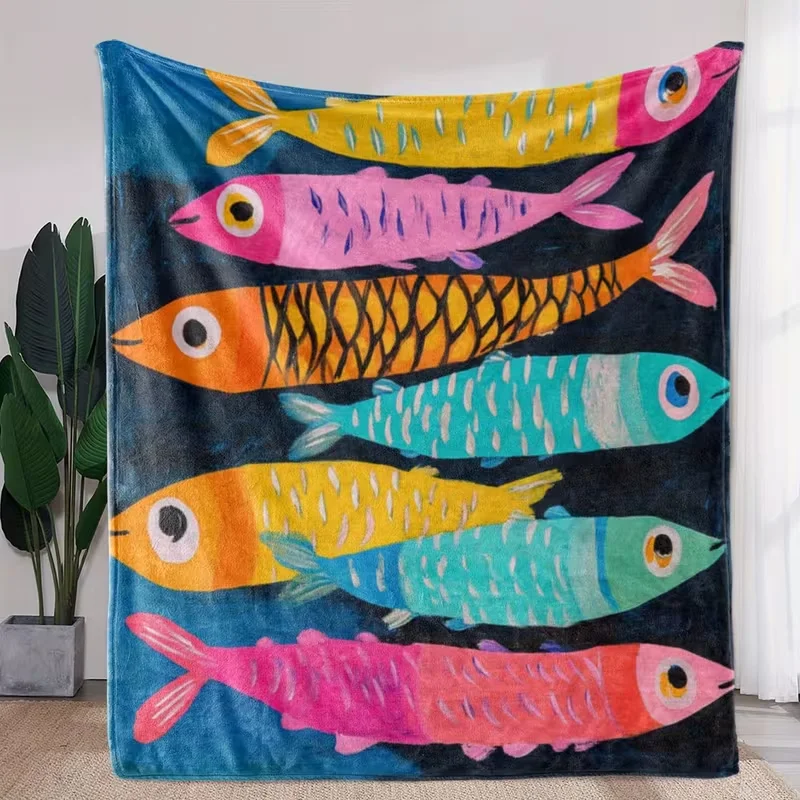 Hand Painted Colorful Cartoon Fish Blanket Dark Blue Background Vibrant Sea Creature Print Soft Cozy Blanket for Sofa