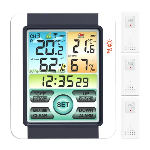 Wireless Weather Station Indoor Outdoor Thermometer Hygrometer with 328ft Range, 3 Channels, Alarm Clock, ℃/℉ Backlit Display