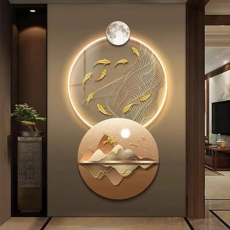 Ginkgo Leaf Entrance Decoration Painting,LED Carved Elk Entrance Door Mural,corridor Hanging Painting,Light Hanging Painting
