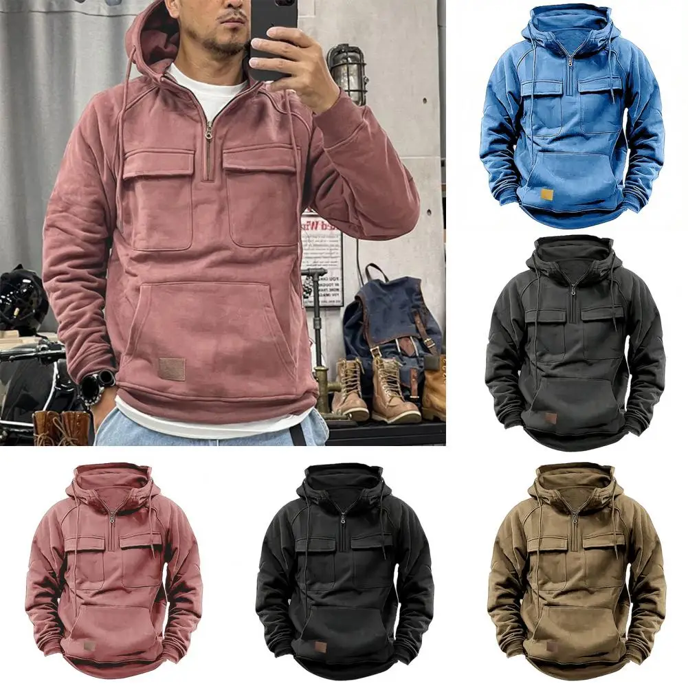 Men Winter Hoodie Men's Fall Winter Hoodie with Drawstring Big Patch Pocket Solid Color Pullover Top with Half Zipper for Men