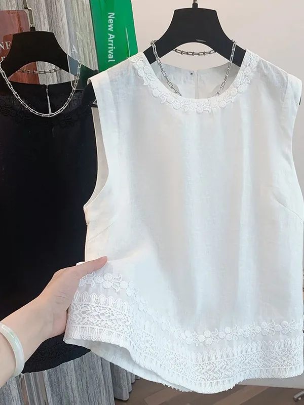 

Lace Embroidered Linen Svel Vest Women's Loose round Ne Cotton Linen Svel irt Top Summer 2025 Casual Sle