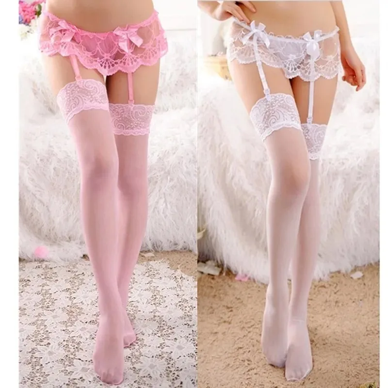 1Set Sexy Suspenders Stockings Women Floral Lace Sexy Stockings Temptation Erotic Lace Bowknot Top Thigh High Pantyhose Lingerie