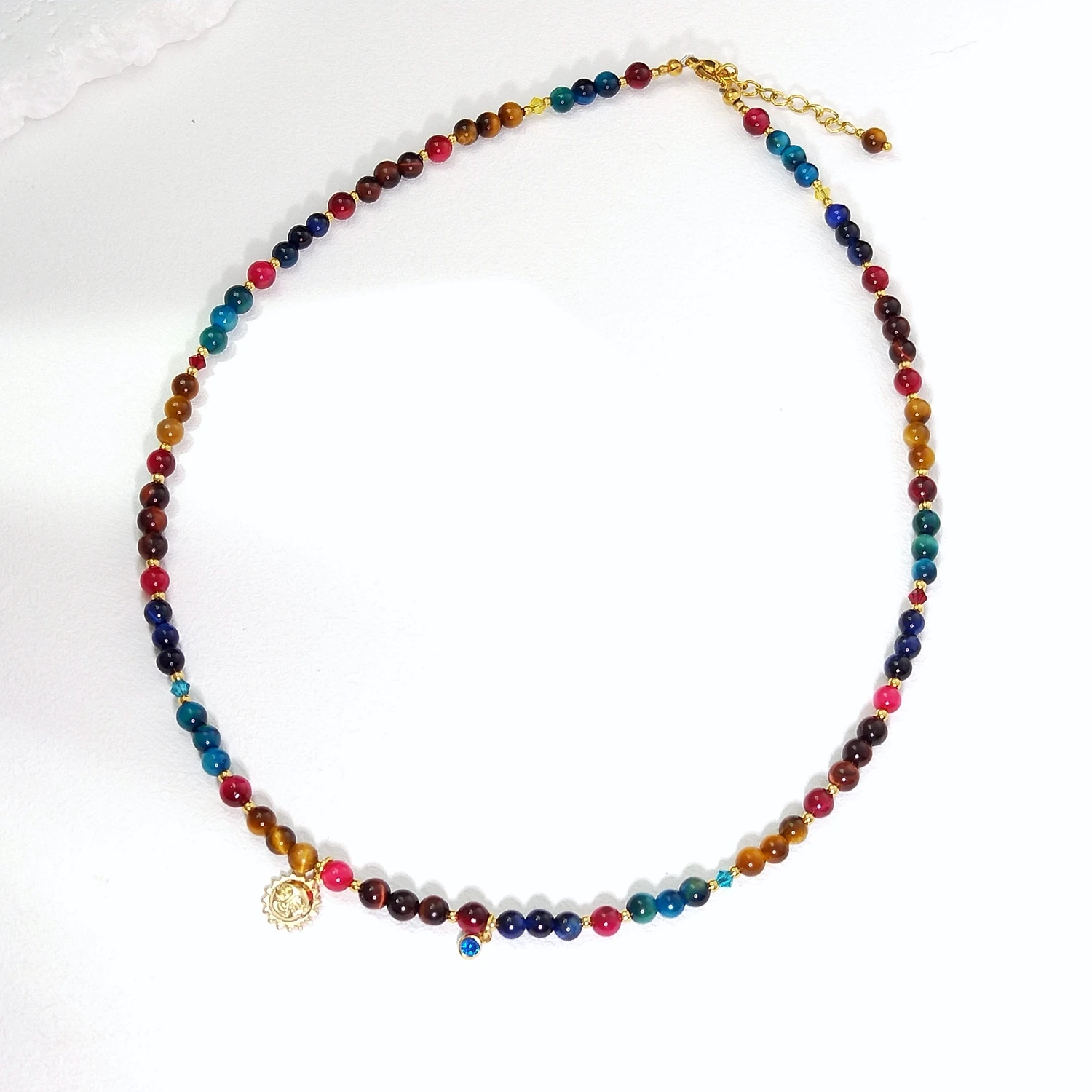 

Lii Ji 4mm Dyed Color Tiger‘ Eye Necklace 42+3cm Gold Stainless Steel With 14K Gold Filled Charms Handmade Jewelry