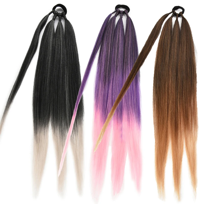 ضفائر الملاكمة ذيل حصان ملحقات الاصطناعية التفاف حول ذيل حصان مع شريط مطاطي حلقة الشعر لتقوم بها بنفسك 26 بوصة أومبير أسود بني رمادي