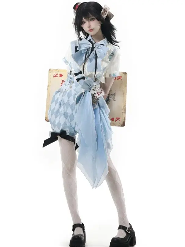 Original Cosplay Prince Costume New Summer Big Bow Tie Short Sleeve Shirt Top Suspender Shorts and Ribbon 3 Piece Set